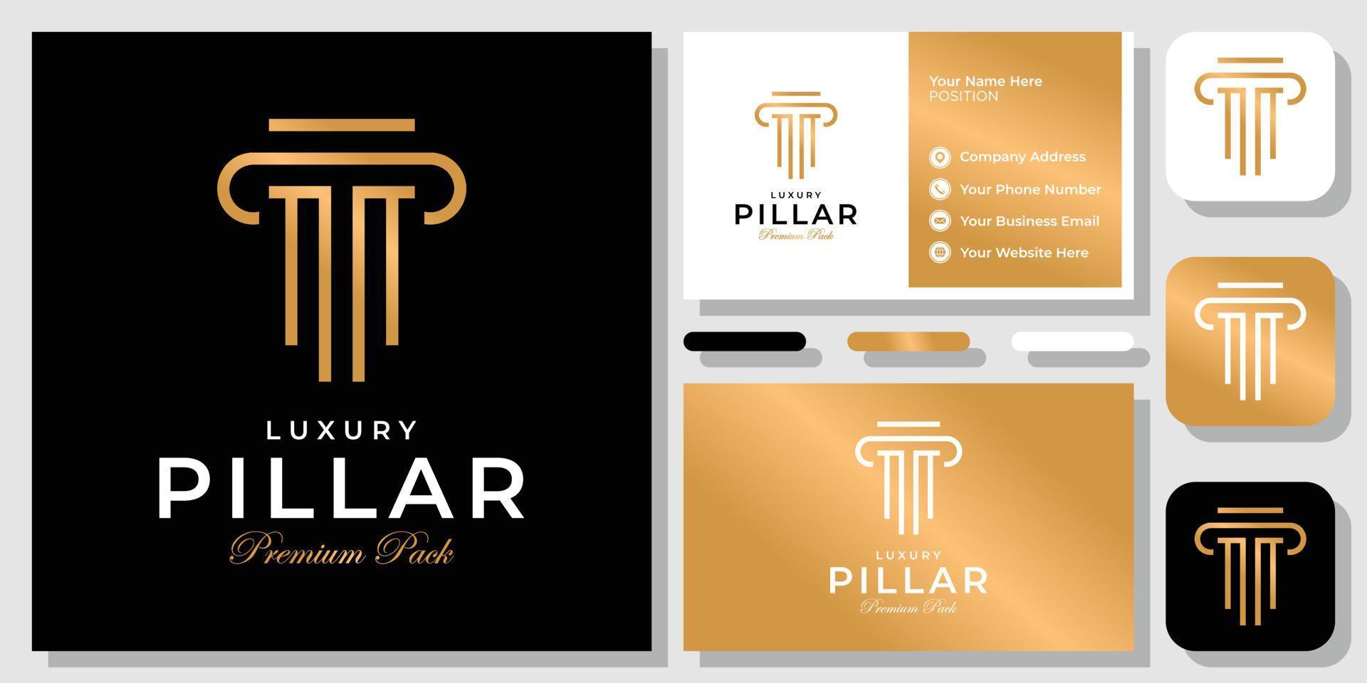 pijler goud advocaat gouden luxe advocaat Griekse justitie logo-ontwerp met sjabloon voor visitekaartjes vector