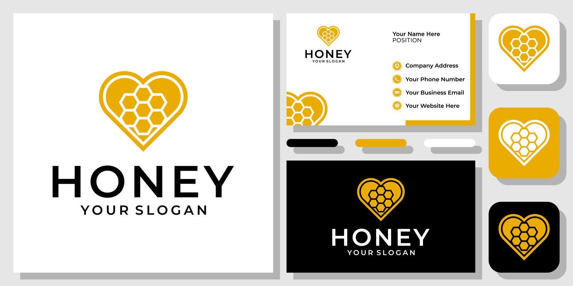 liefde bijenkorf honing hart voedsel buzz boerderij kam natuur zeshoek logo-ontwerp met sjabloon voor visitekaartjes vector