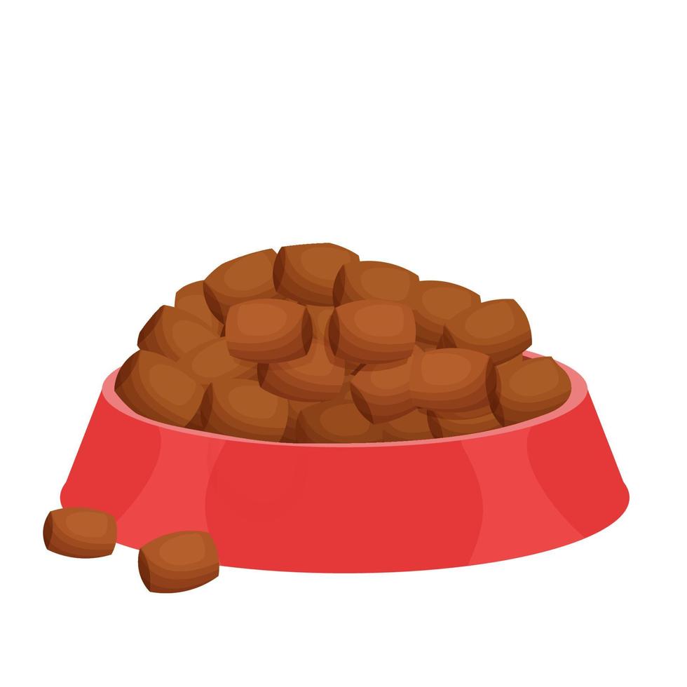 droog voedsel voor huisdieren in rode kom in cartoon stijl geïsoleerd op een witte achtergrond. honden- of kattenvoeding, bak met schotel. . vector illustratie