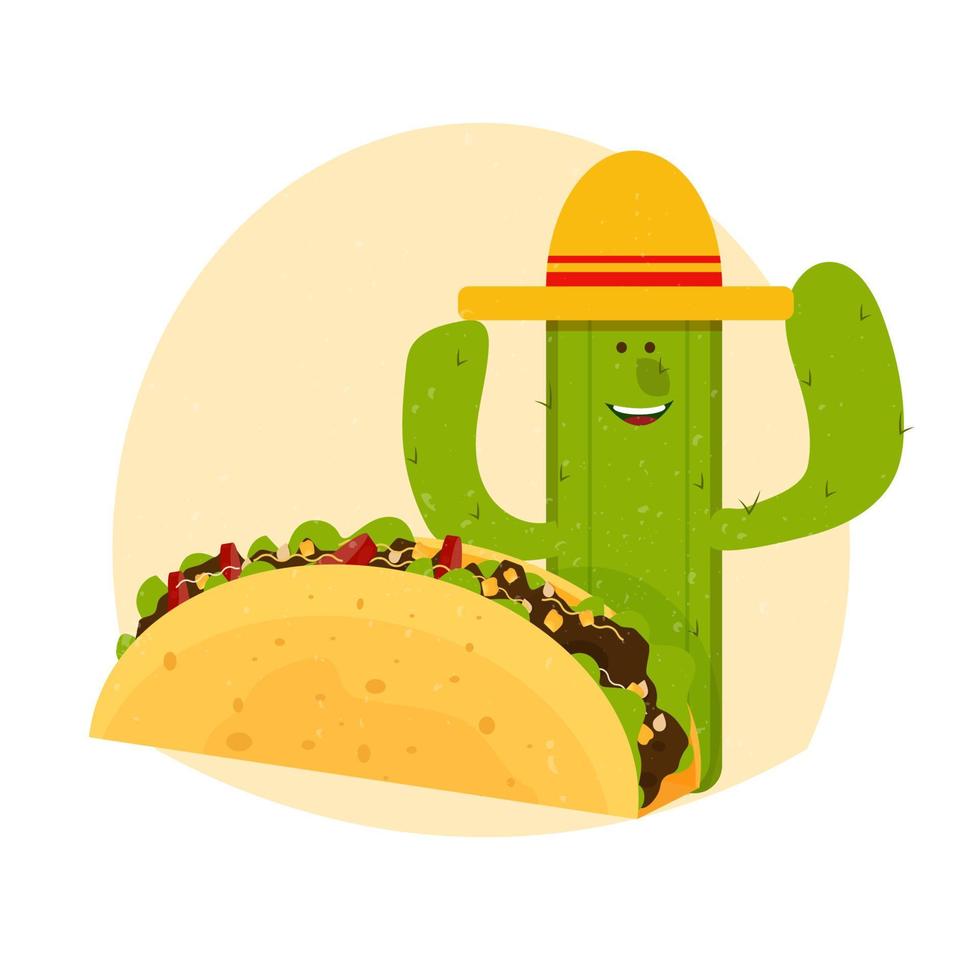 Taco en lachende karakter cactus in sombrero voorraad vectorillustratie geïsoleerd op een witte achtergrond. traditionele Mexicaanse maaltijd, fastfood. vector