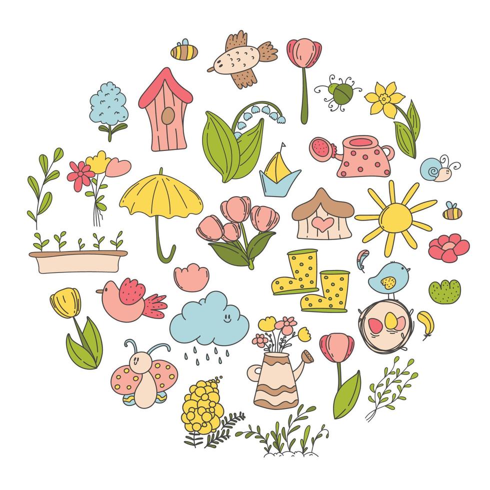 lente en Pasen doodle collectie, bloemen en decoraties. Pasen lente set met schattige eieren, vogels, bijen, vlinders. hand getekende vectorillustratie. vector