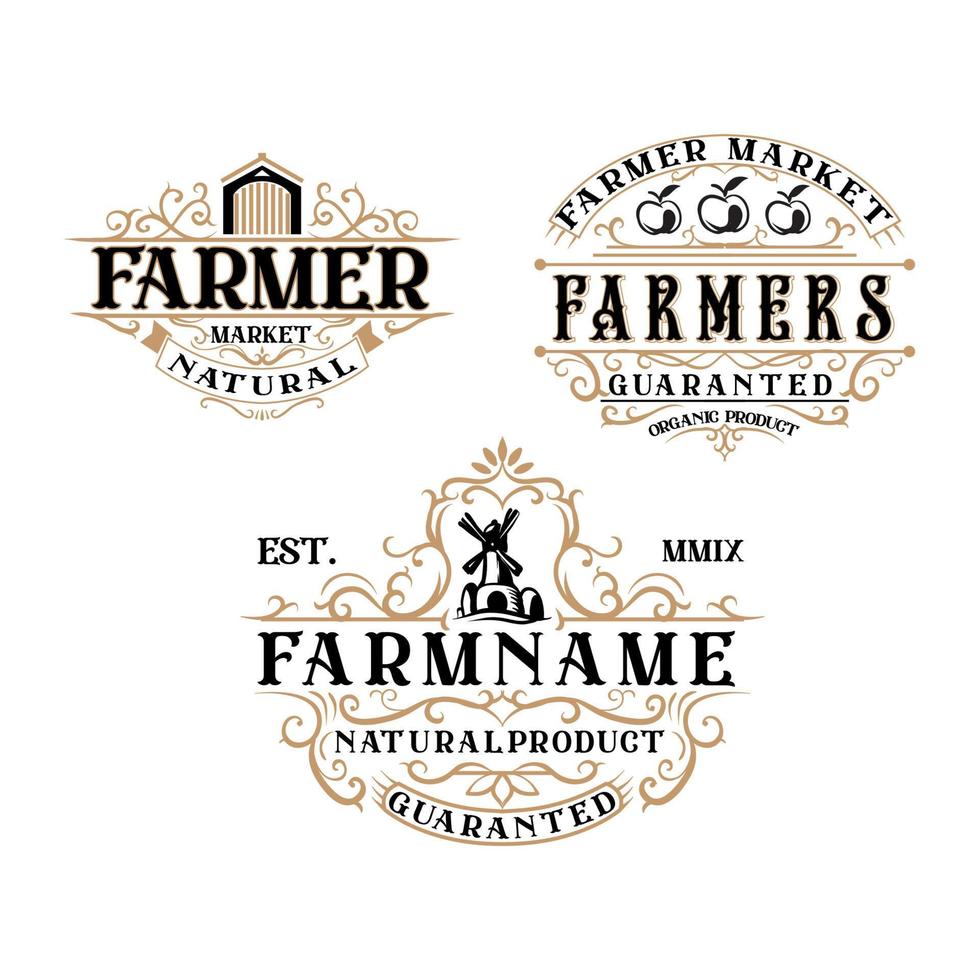 set vintage etiketten. logo's of badges ontwerpen. trendy vintage stijl illustratie, boerderij natuurlijke biologische producten voedsel. vector