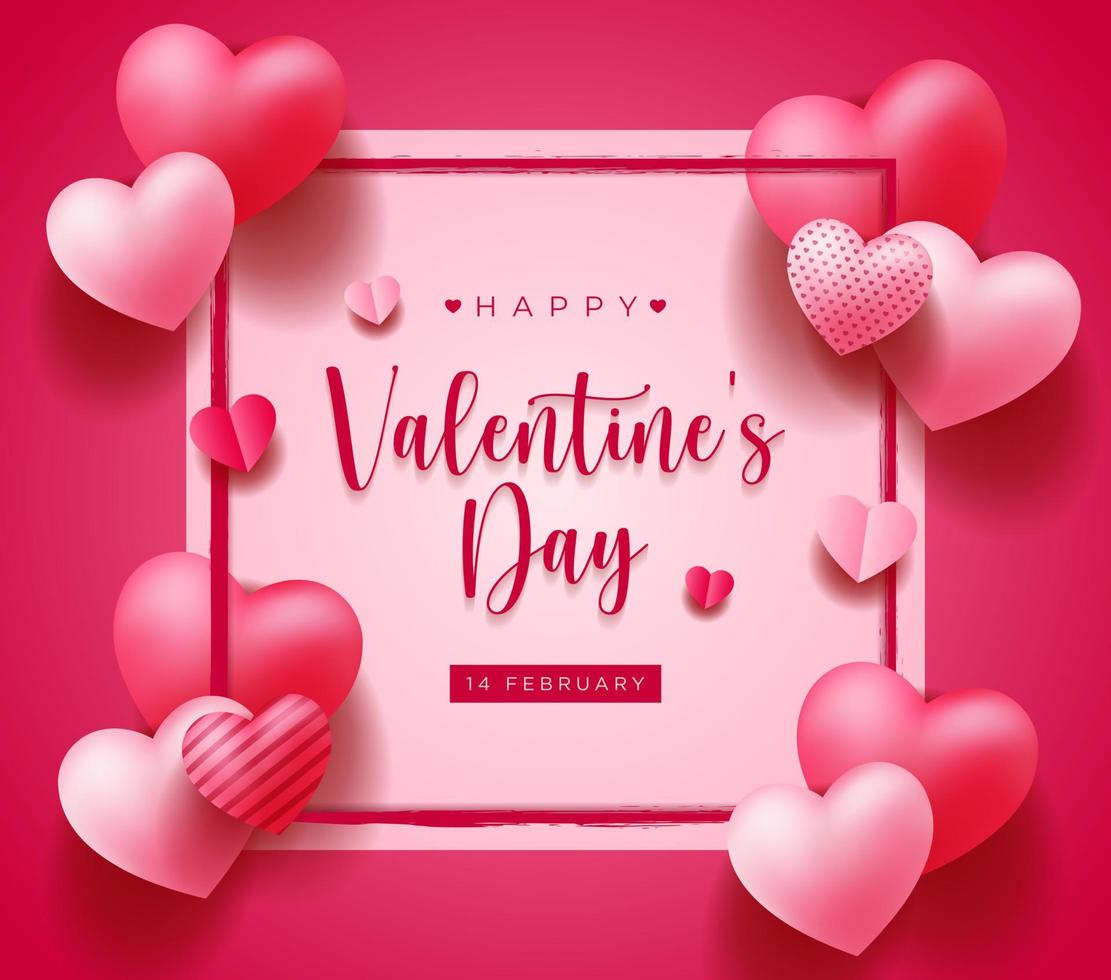 mooie happy Valentijnsdag roze achtergrond met realistische 3D-harten frame ontwerp voor wenskaart, poster, banner. vectorillustratie. vector