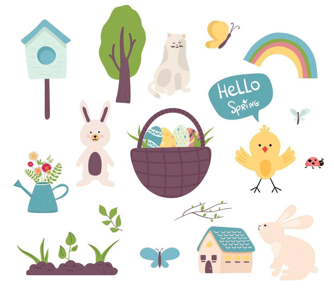 Pasen lente set. schattige dieren, vlinders. hand getekende platte cartoon elementen. vector illustratie natuur festival. boom, kip, planten, haas, pschal eieren, lieveheersbeestje, vogelhuisje, kat, spruit, huis