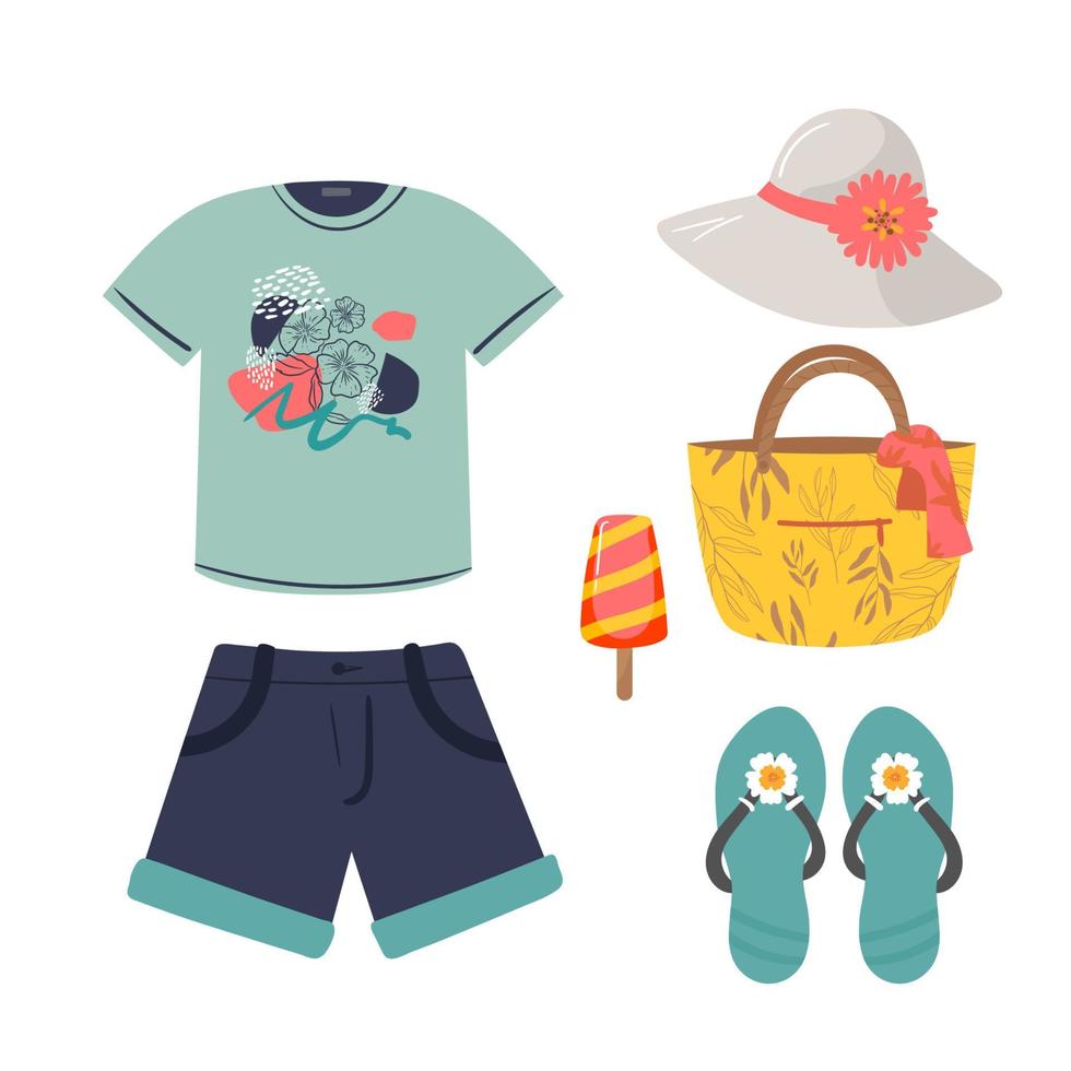vrouw zomer kleding vector icon set. t-shirt, korte broek, strandtas, pantoffels, hoed, ijsje. zomer, strand, zee, reizen, kijk kledingcollectie. geïsoleerd op wit
