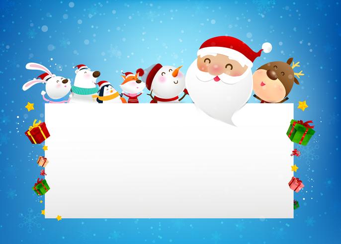 Kerstmissneeuwman De Kerstman en dierlijke beeldverhaalglimlach met sneeuw dalende achtergrond 003 vector