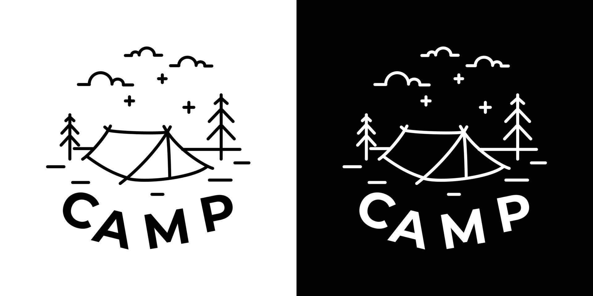 eenvoudig zwart-wit campinglogo, campinglogo-ontwerp met symboollijnen in de vorm van bos, tent, landschap, lucht vector