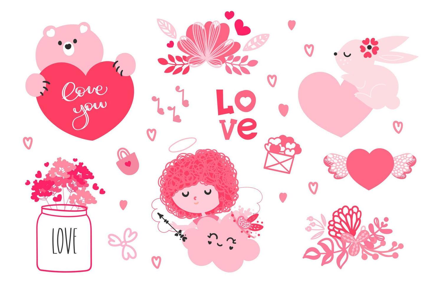 Valentijnsdag ingesteld. schattige beer met hartje, cupido en konijntje in roze. verzameling stickers of vectorobjecten voor vakantieontwerp vector