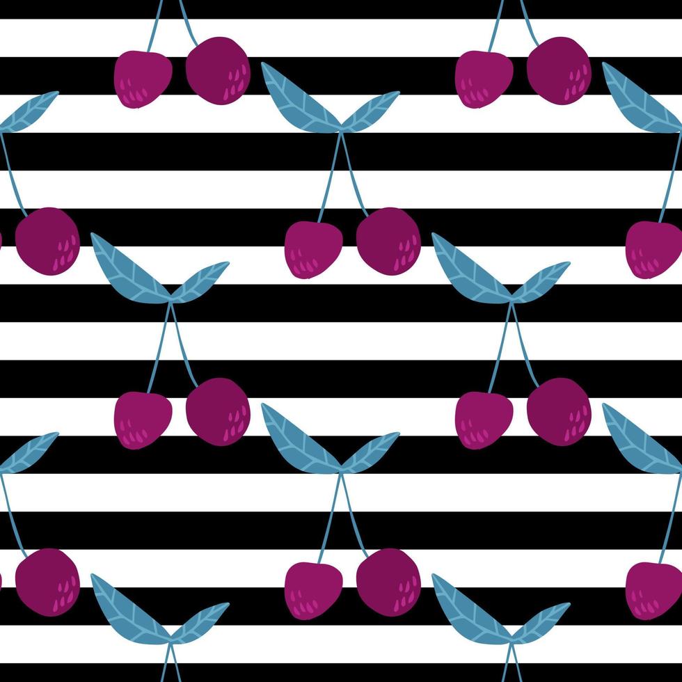 kersenbessen en bladeren naadloos patroon op streepachtergrond. vector