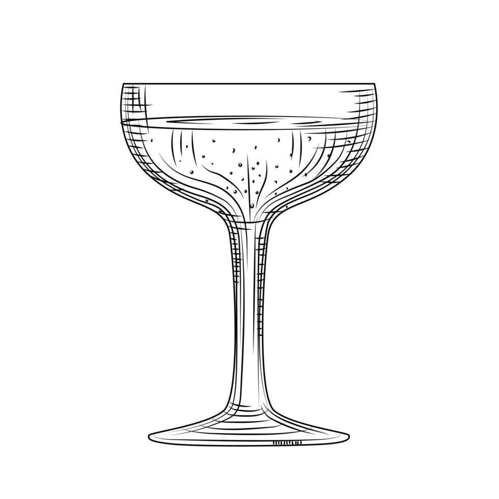 hand getekende champagne glas schets. vol glas mousserende wijn. vector