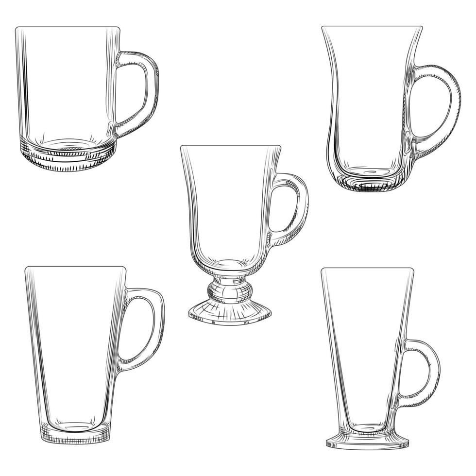 set Ierse koffiemokken. hand getekende glaswerk beker geïsoleerd op een witte achtergrond. vector