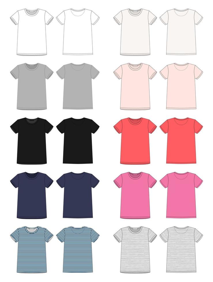 set technische schets unisex t-shirt ontwerpsjabloon. voor- en achterkant vector. vector