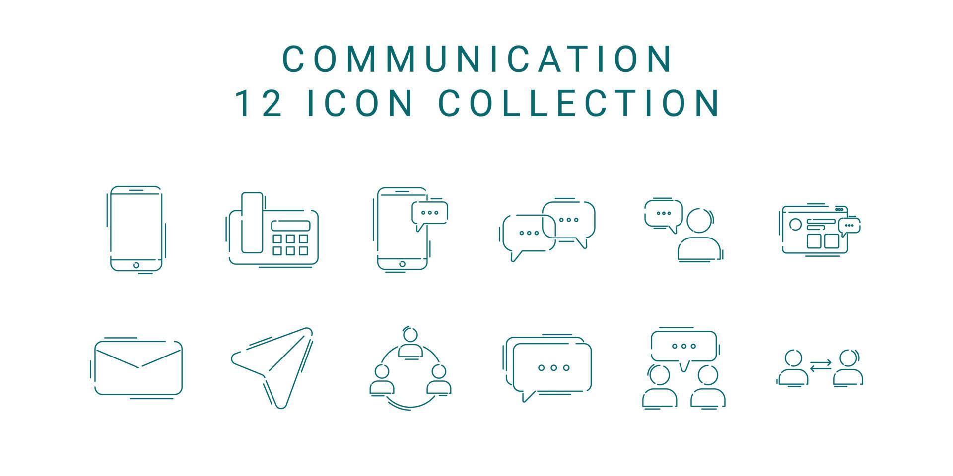 12 set collectie pictogram communicatie of neem contact met ons op vectorillustratie. pictogram overzichtsstijl vector