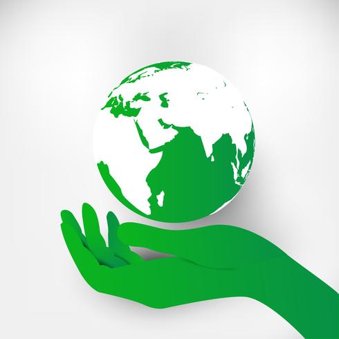 Save Earth Planet World Concept. Wereld milieu dag concept. groene moderne stedelijke stad op groene puntbol, ecologieconcept. vector