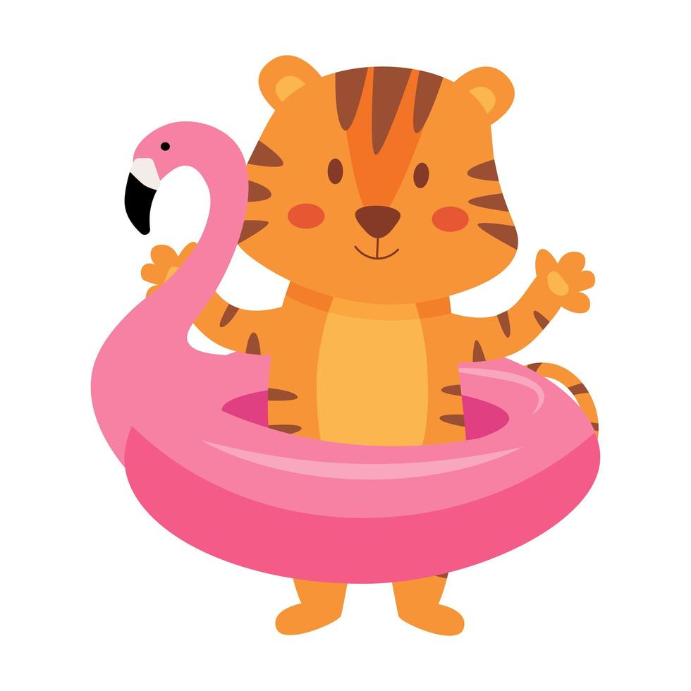 schattige cartoon tijger met een flamingo zwemmen ring, vectorillustratie geïsoleerd op een witte achtergrond. vector