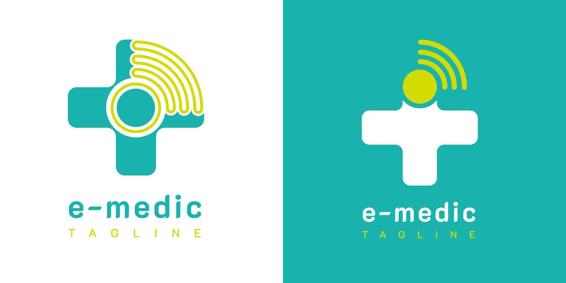 online dokter. e medic-logo. met plus-, kruis- en signaalpictogrammen. op blauwe en groene kleur. premium en luxe medische gezondheid logo vector sjabloon