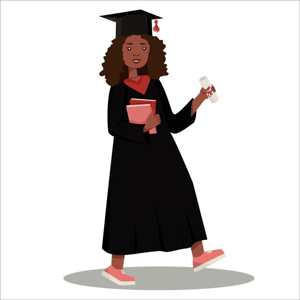 afgestudeerde student met diploma. gelukkig Afrikaans Amerikaans meisje in het gewaad van een afgestudeerde op een witte achtergrond. eps 10. vector