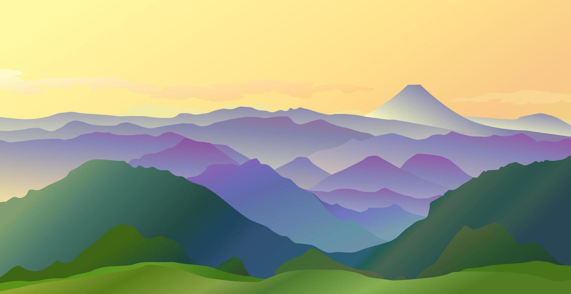 kleurrijke frisse groene heuvels in mist en zonlicht met Fuji-berg en gele lucht in de ochtend vector