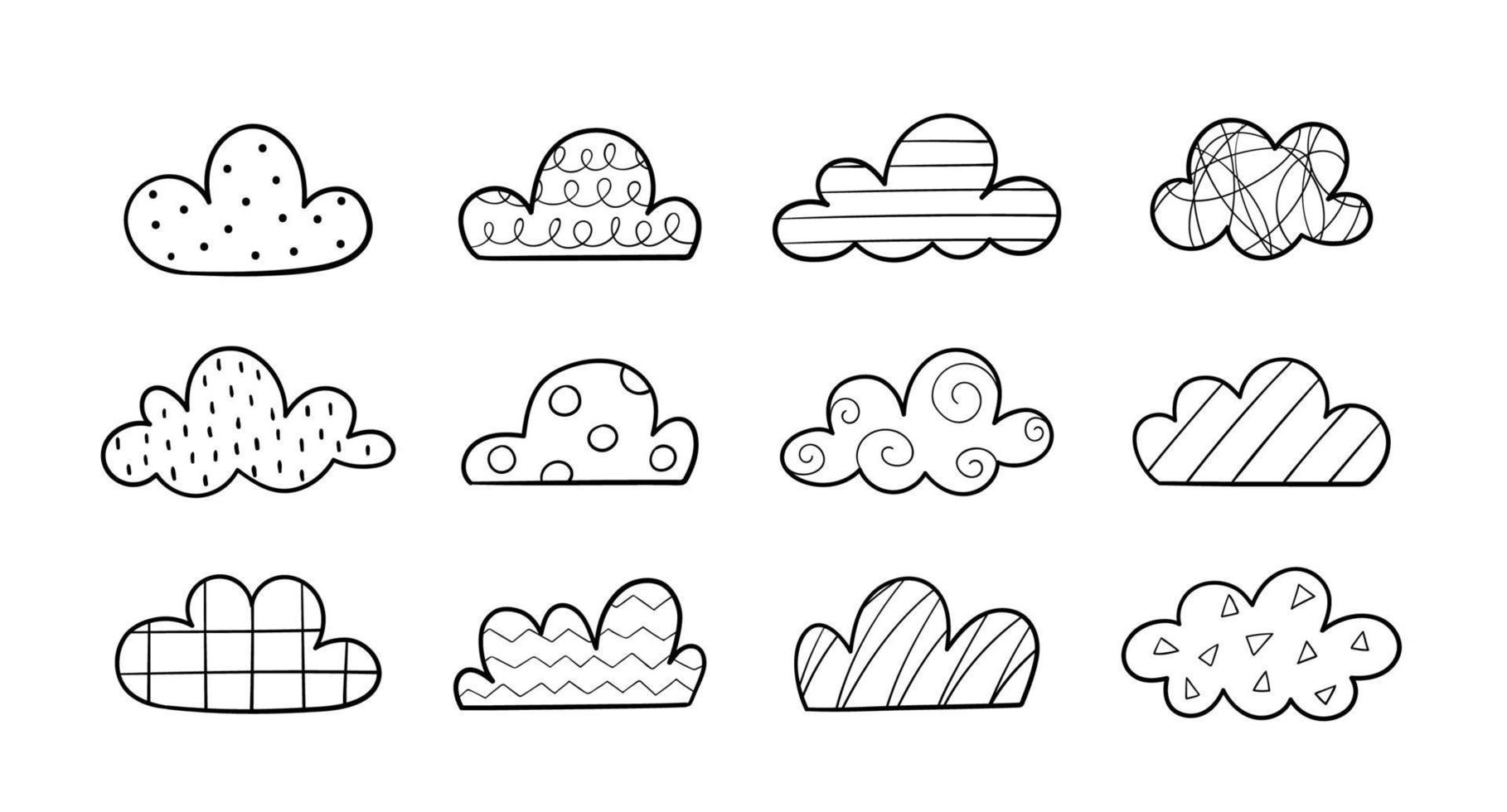 hand getrokken doodle wolken. decoratieve wolk lineaire afbeelding instellen. vector