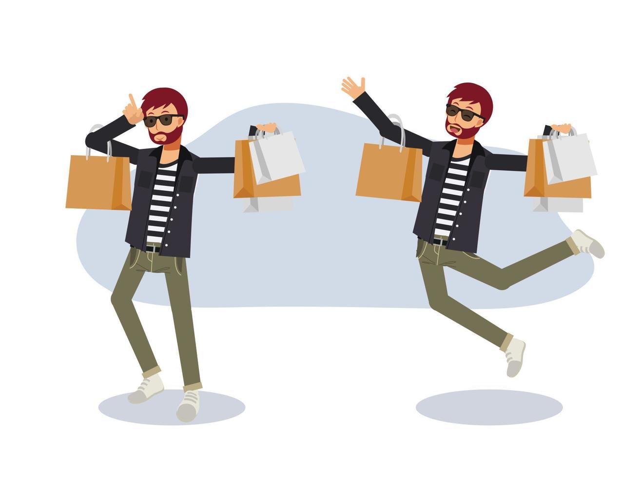 een man is blij met shopping.shopping concept, sale.flat cartoon karakter vectorillustratie. vector