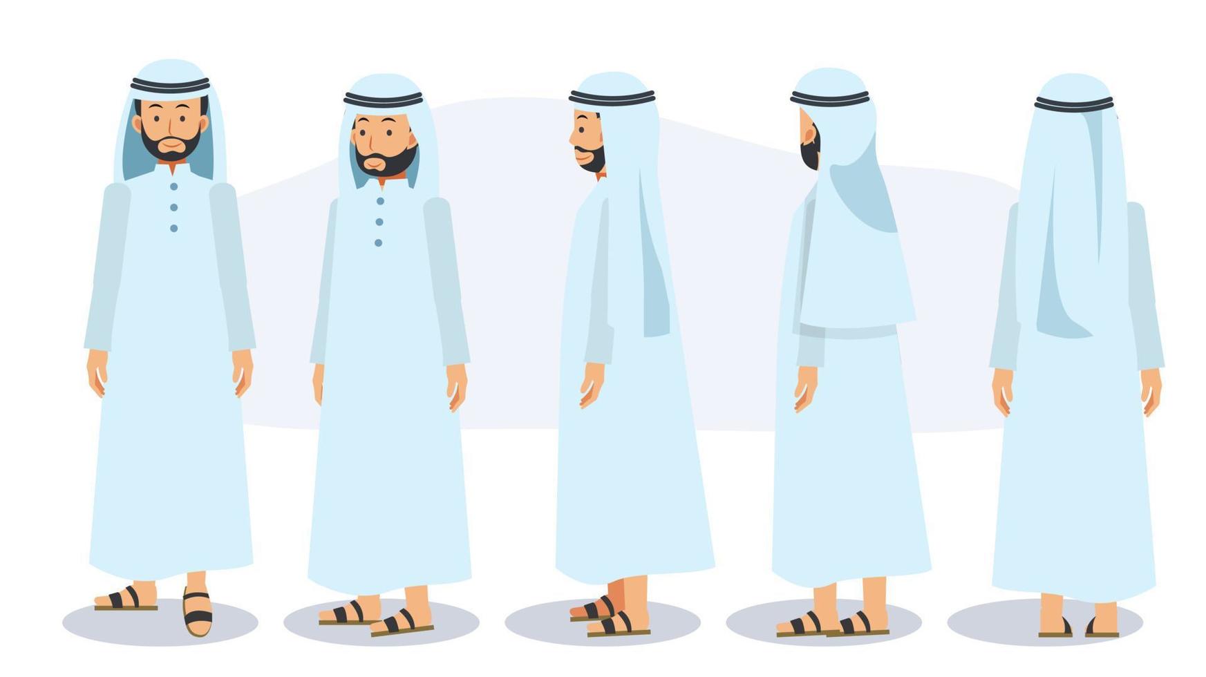 stripfiguur van moslim man. voorkant, zijkant, achterkant, 3-4 weergavekarakter. platte vectorillustratie. vector