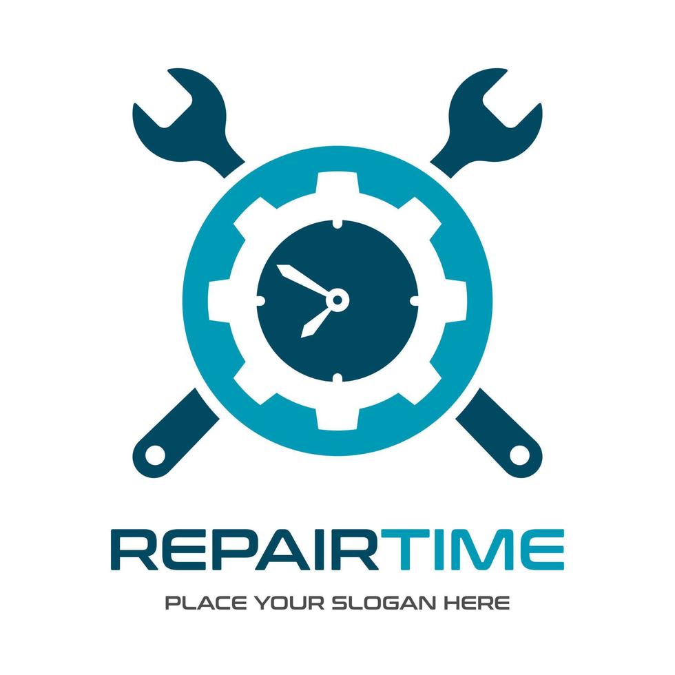 reparatie tijd vector logo sjabloon. dit ontwerp gebruik klok en moersleutel symbool. geschikt voor onderhoud.