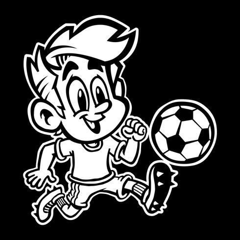 Cartoon jongen kind voetballen of voetballen in een groen T-shirt en schoenplaatjes vector