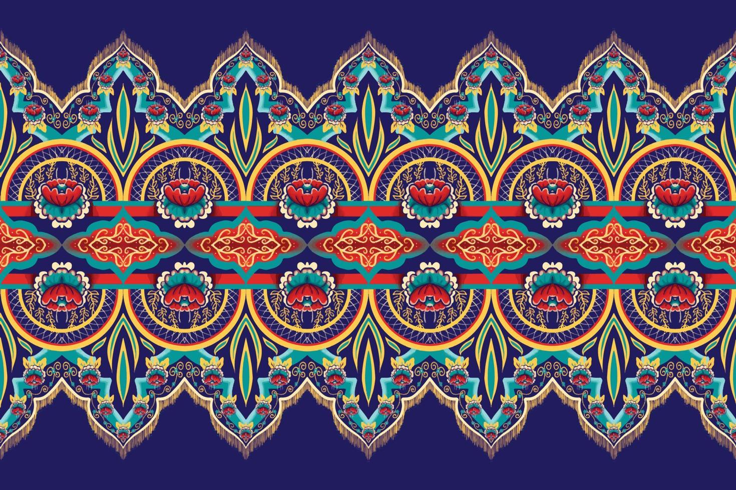 rode groene bloem op marineblauw. geometrische etnische oosterse patroon traditioneel ontwerp voor achtergrond, tapijt, behang, kleding, verpakking, batik, stof, vector illustratie borduurstijl