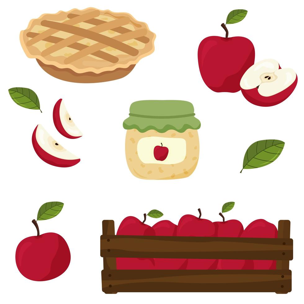 set van rode appels. oogst van appels. hele appel en halve appel, appeljam, appeltaart met jam, charlotte, doos appels vector