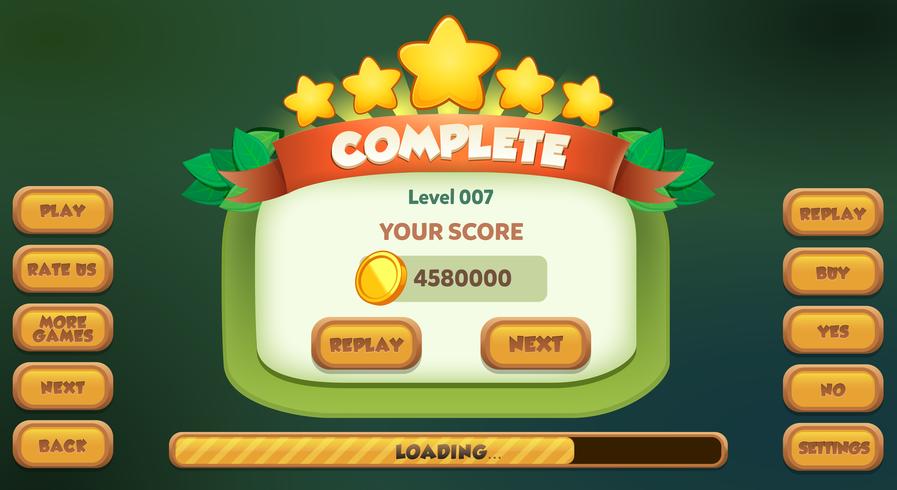 Game ui Niveau compleet menu pop-up met sterren score en knoppen vector