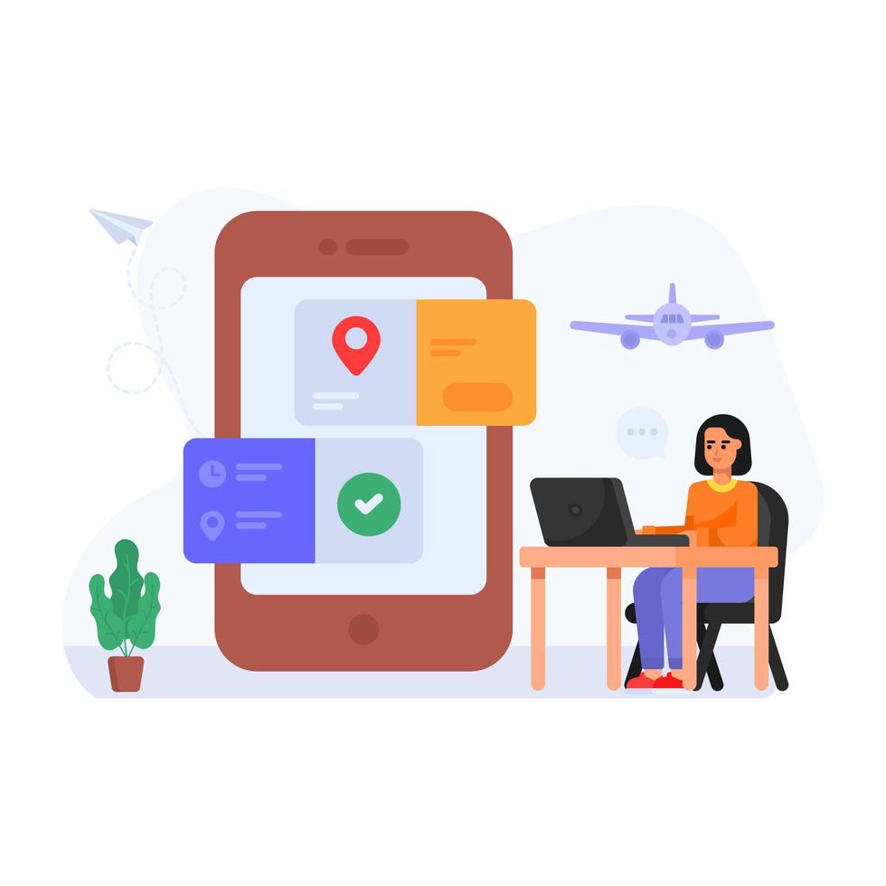 persoon die online vlucht boekt, vlakke afbeelding van reis-app vector