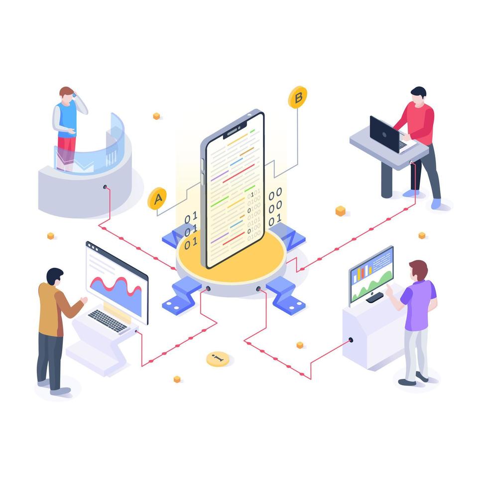 moderne isometrische illustratie van app-ontwikkeling vector