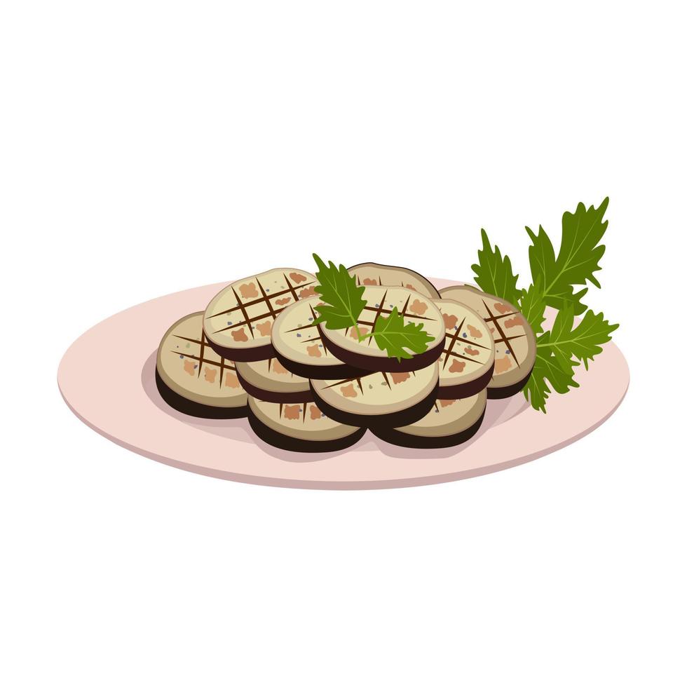 plaat met gegrilde aubergine. heerlijke en gezonde groenten voor picknick of diner. platte vectorillustratie vector