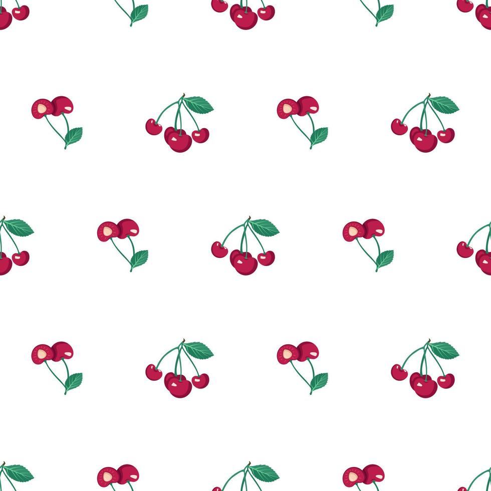 cherry berry naadloze patroon met bladeren, print op witte achtergrond. platte vectorillustratie met verschillende rode en groene elementen voor lente en zomer vector