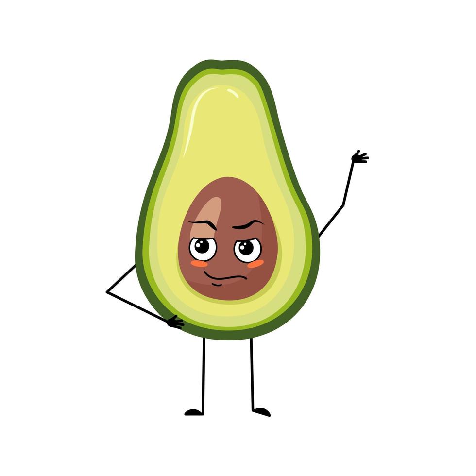 avocadokarakter met emoties van held, dapper gezicht, armen en been. persoon met moed expressie, plantaardige emoticon. platte vectorillustratie vector