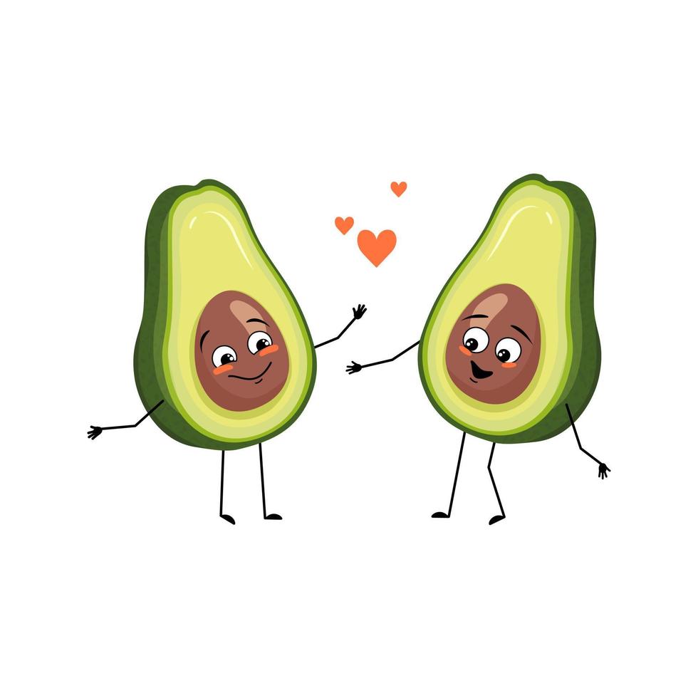 avocado karakter met liefde emoties, glimlach gezicht, armen en benen. persoon met gelukkige uitdrukking, groente- of fruit-emoticon. platte vectorillustratie vector
