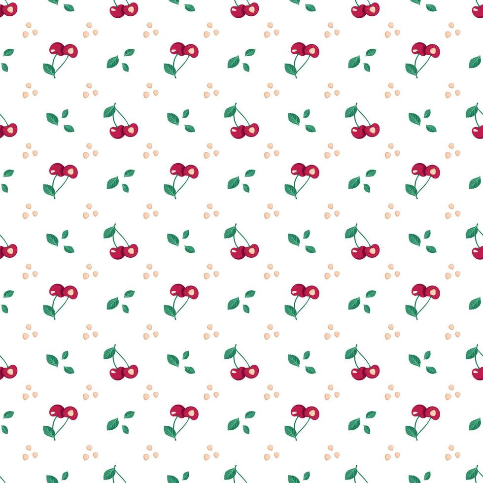 cherry berry naadloze patroon met bladeren, print op witte achtergrond. platte vectorillustratie met verschillende rode en groene elementen voor lente en zomer vector