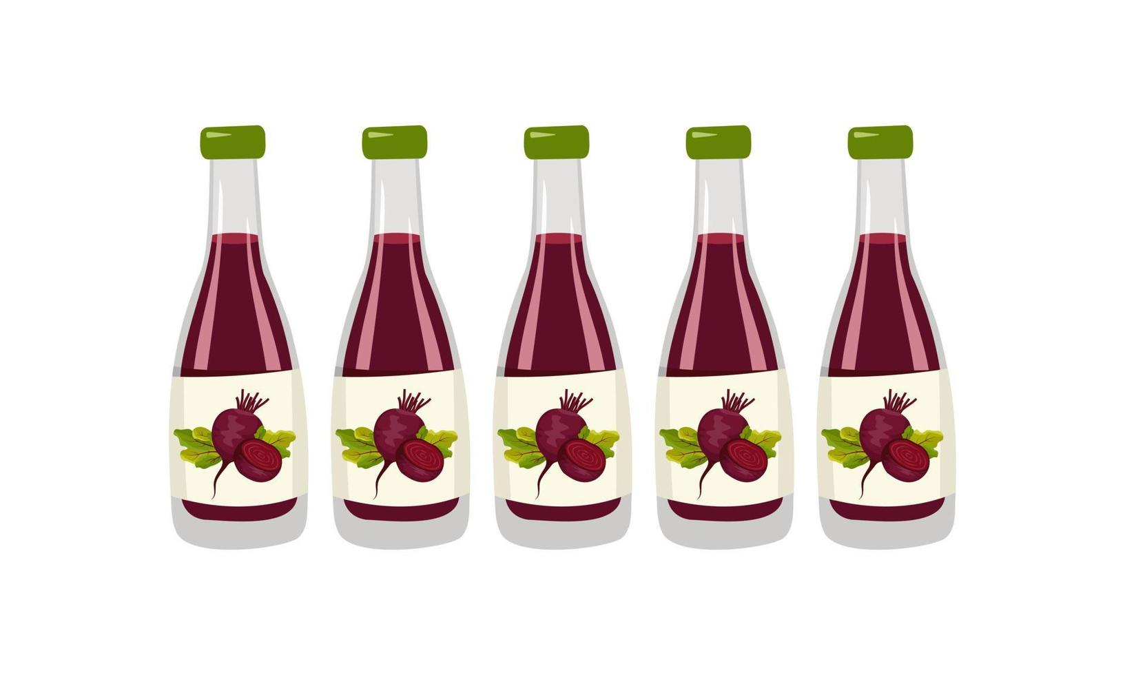 fles met rode bietensap, hele groenten met bladeren en de helft. heerlijke gezonde drank en product. platte vectorillustratie voedsel vector