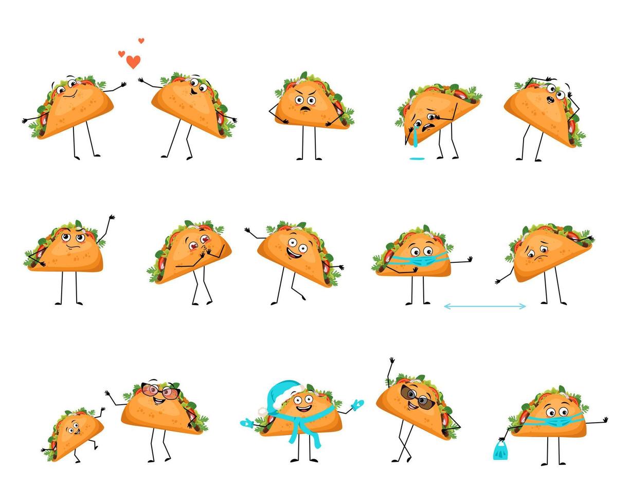 schattige karakter Mexicaanse taco met blije of droevige emoties, paniek, liefdevol of dapper gezicht, handen en benen. vrolijke fastfoodpersoon, broodje met masker, bril of hoed. platte vectorillustratie vector
