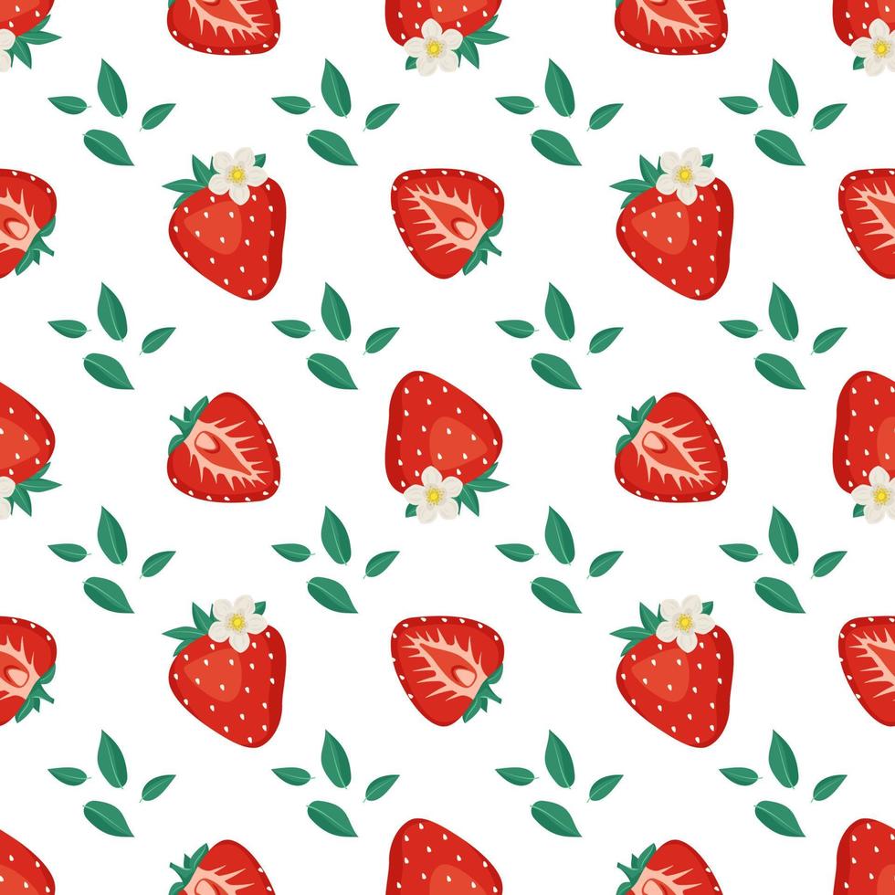 naadloos patroon met rode aardbeien, bladeren en bloemen. leuke zomer- of lenteprint. met bessen feestelijke decoratie voor textiel, inpakpapier en design. platte vectorillustratie vector