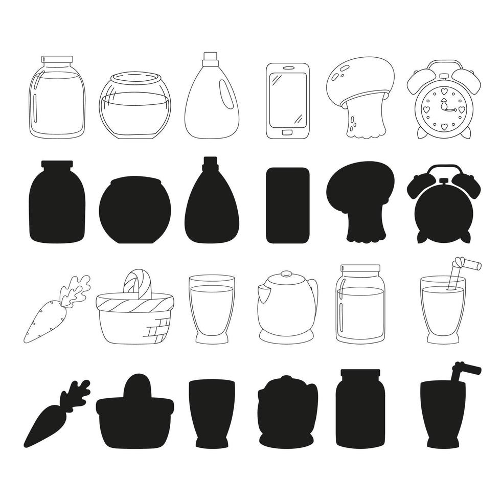 zwart silhouet servies. ontwerpelement. vectorillustratie geïsoleerd op een witte achtergrond. sjabloon voor boeken, stickers, posters, kaarten, kleding. vector