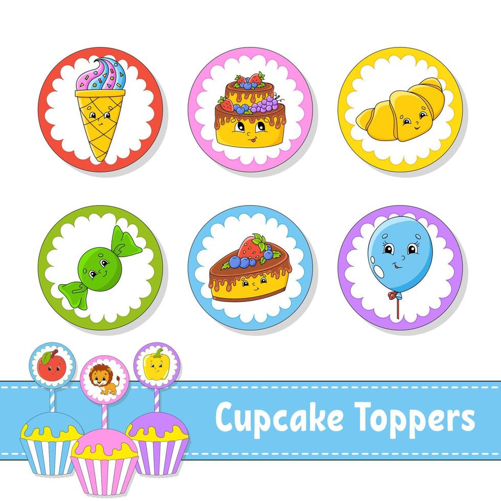 cupcake toppers. set van zes ronde foto's. stripfiguren. schattig beeld. voor verjaardag, feest, babydouche. vector