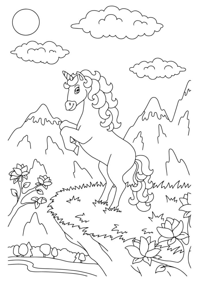 schattige eenhoorn. magische fee paard. kleurboekpagina voor kinderen. cartoon-stijl. vectorillustratie geïsoleerd op een witte achtergrond. vector