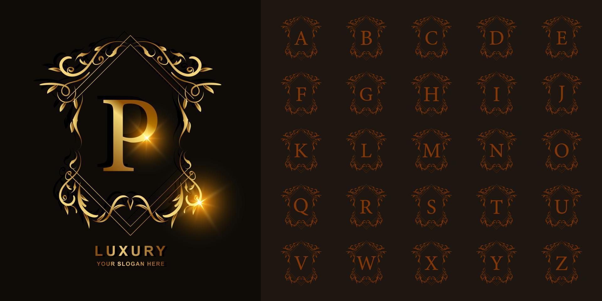 letter p of collectie eerste alfabet met luxe sieraad bloemen frame gouden logo sjabloon. vector