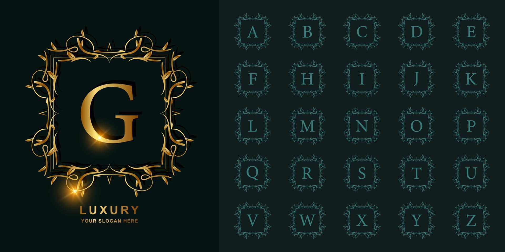 letter g of collectie eerste alfabet met luxe sieraad bloemen frame gouden logo sjabloon. vector