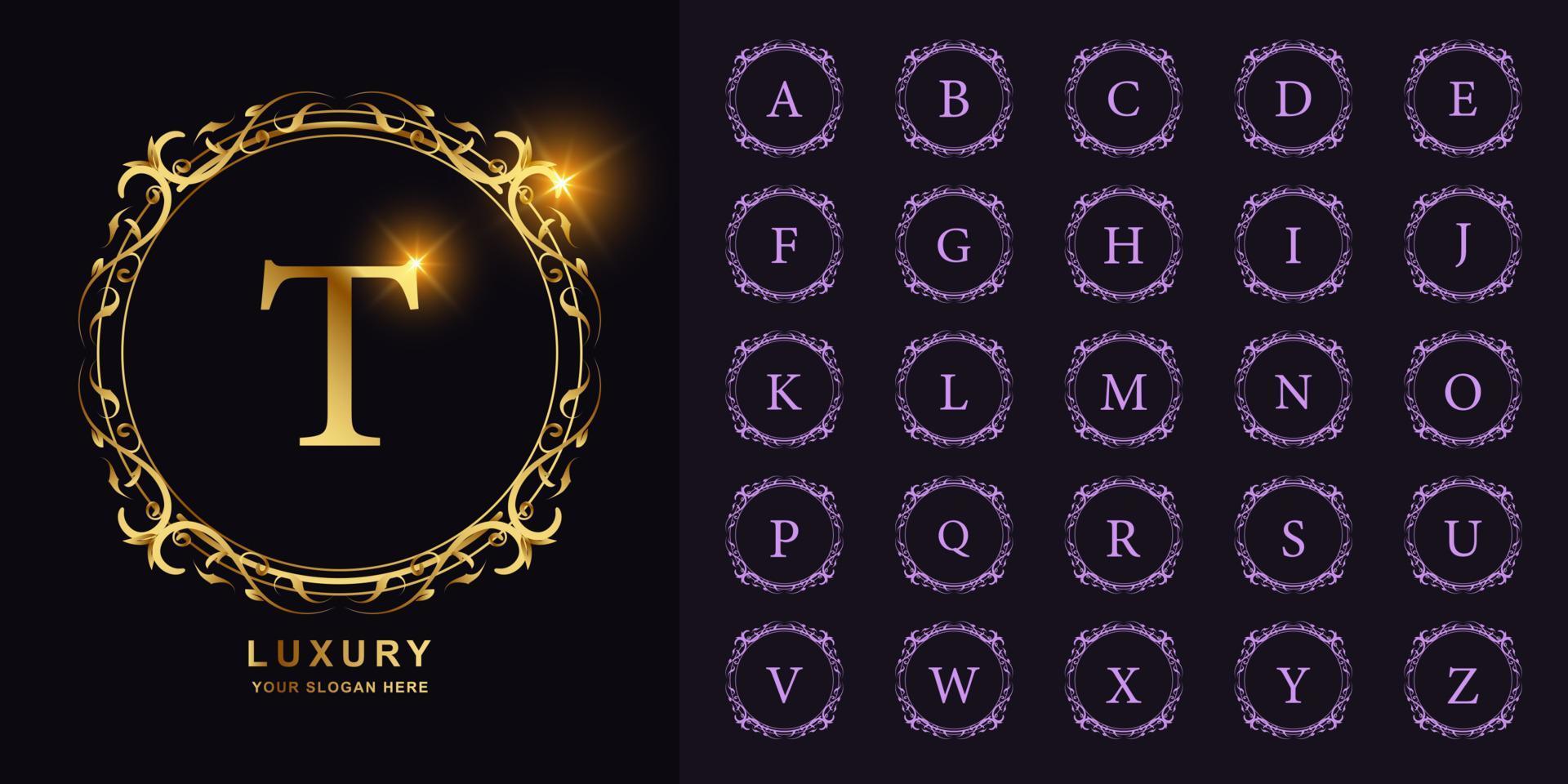 letter t of collectie eerste alfabet met luxe ornament bloemen frame gouden logo sjabloon. vector
