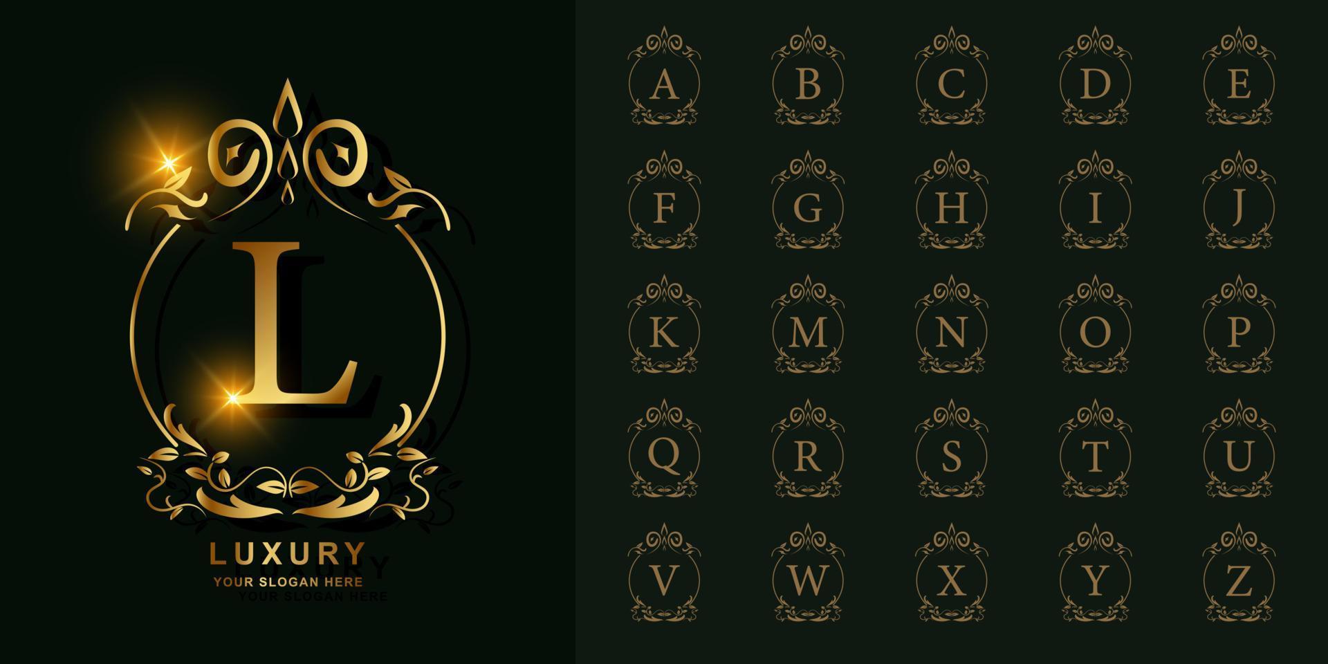 collectie eerste alfabet met luxe ornament of bloemen frame gouden logo sjabloon. vector