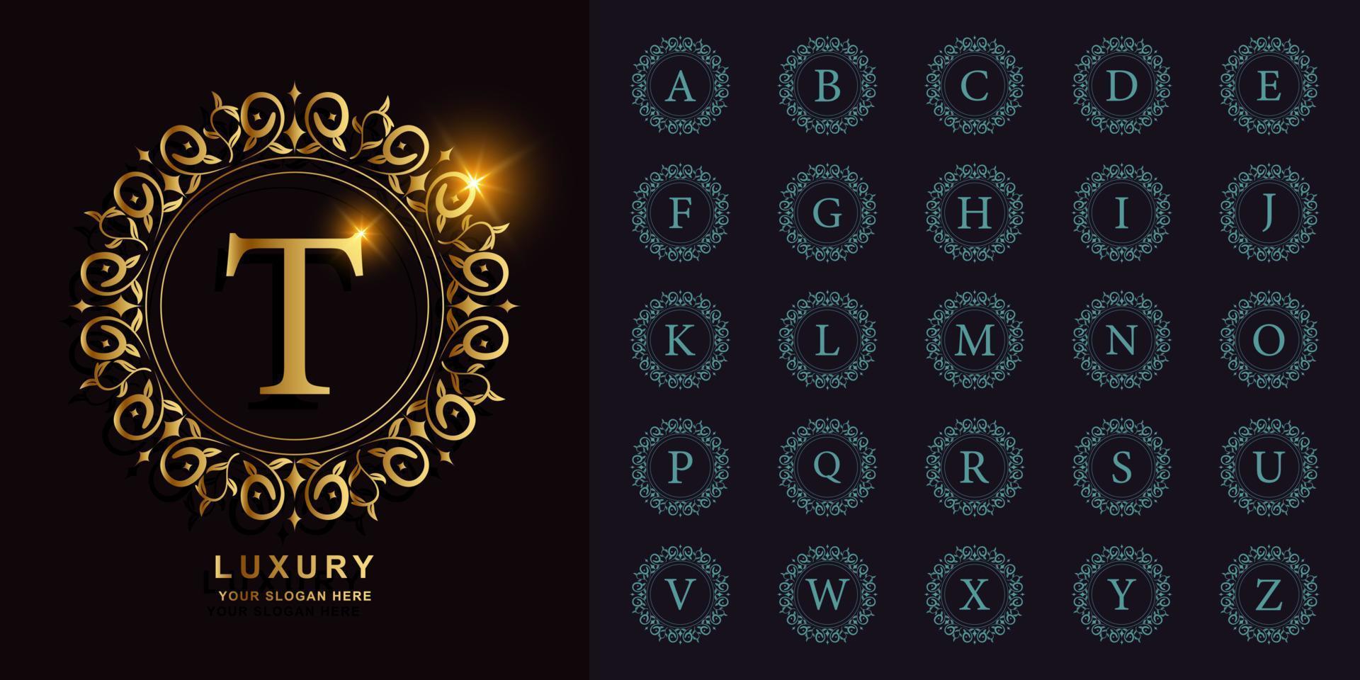 collectie eerste alfabet met luxe sieraad of bloemen cirkel frame gouden logo sjabloon. vector