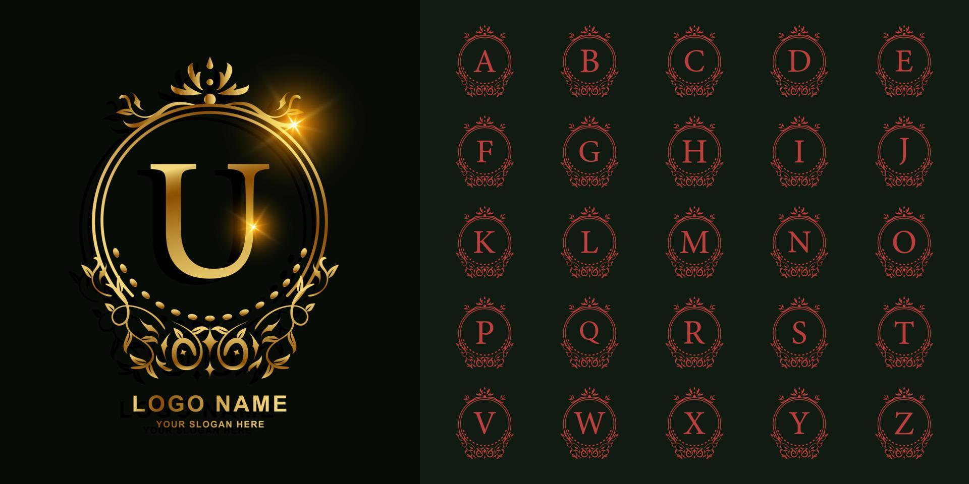 collectie eerste alfabet met luxe sieraad of bloemen cirkel frame gouden logo sjabloon. vector