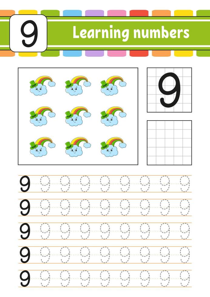 traceer en schrijf nummers. handschrift oefenen. leernummers voor kinderen. onderwijs ontwikkelen werkblad. st. Patrick's dag. activiteiten pagina. geïsoleerde vectorillustratie in schattige cartoon-stijl. vector